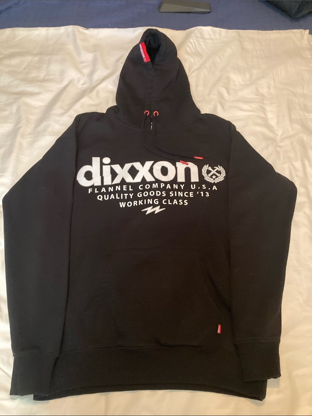 DIXXON Black Hoodie with White Chest Logo and Red Accents